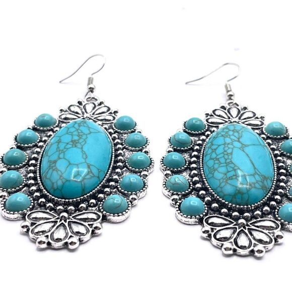 Silver with Blue Turquoise Boho Southwestern Native Hook Earrings - Picture 2 of 6